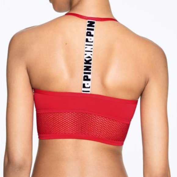 Victoria’s Secret PINK Sports Bra Bralette Red Mesh Longline Logo Strap Size L - Picture 3 of 7